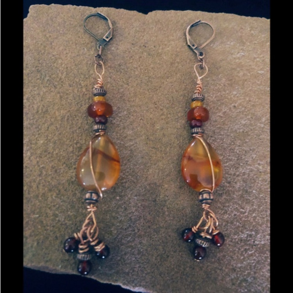 Handmade carnelian and copper drop earrings